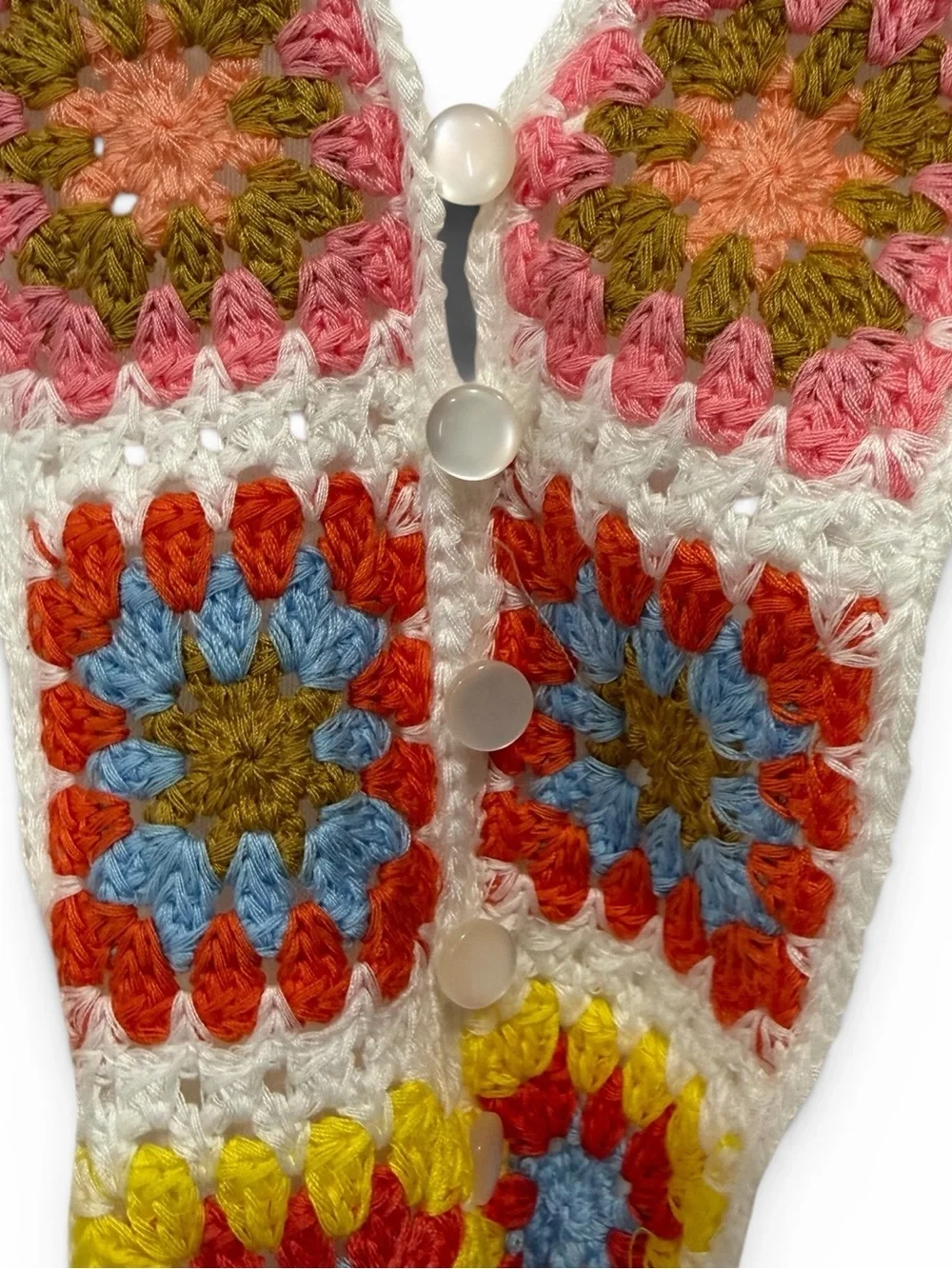 J Gee White Boho Tiered Maxi Dress with Colorful Granny Square Crochet Trim - Picture 7 of 10